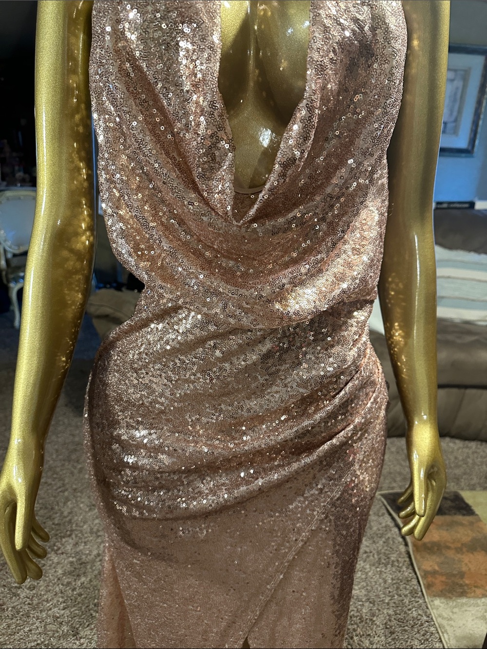 Sequined Cowl Halter Prom Dress in Rose Gold - Picture 4 of 10